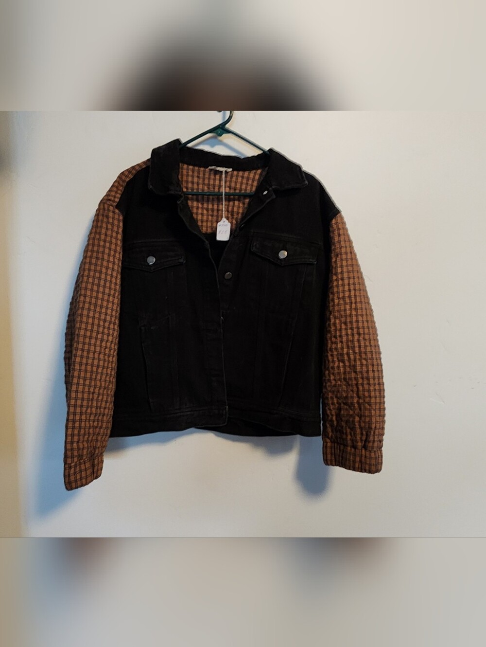 Roolee Black Denim Jacket with Brown Plaid Sleeves